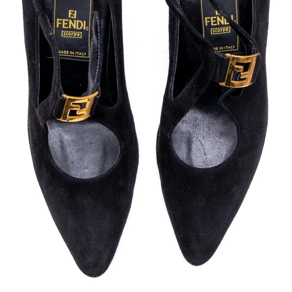 Vintage Fendi Scarpe Black Suede T-Strap Heels with Gold FF Buckle–Size 5.5/EU36